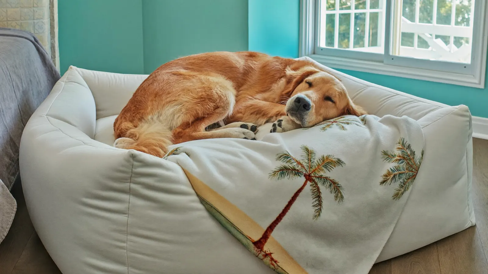 Dog relaxing on a plush bed in a boarding suite