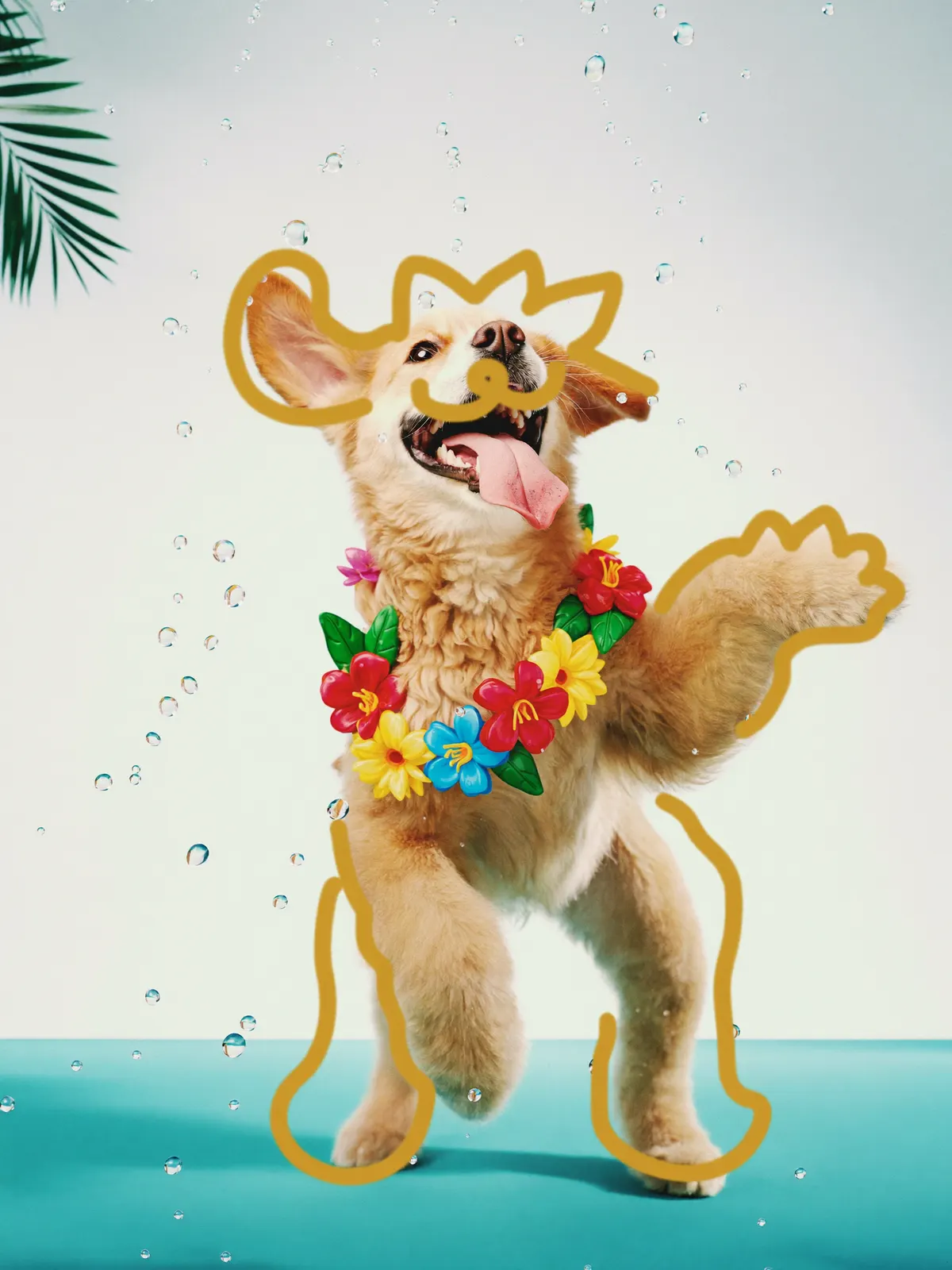 Joyful doodle wearing a tropical flower lei shaking off sparkling water at Tropic Paws